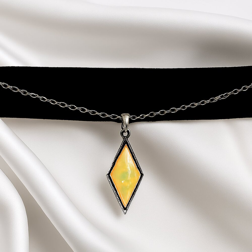 Silver Opal Choker Necklace – Black Velvet Band Elegant Dainty Jewelry
